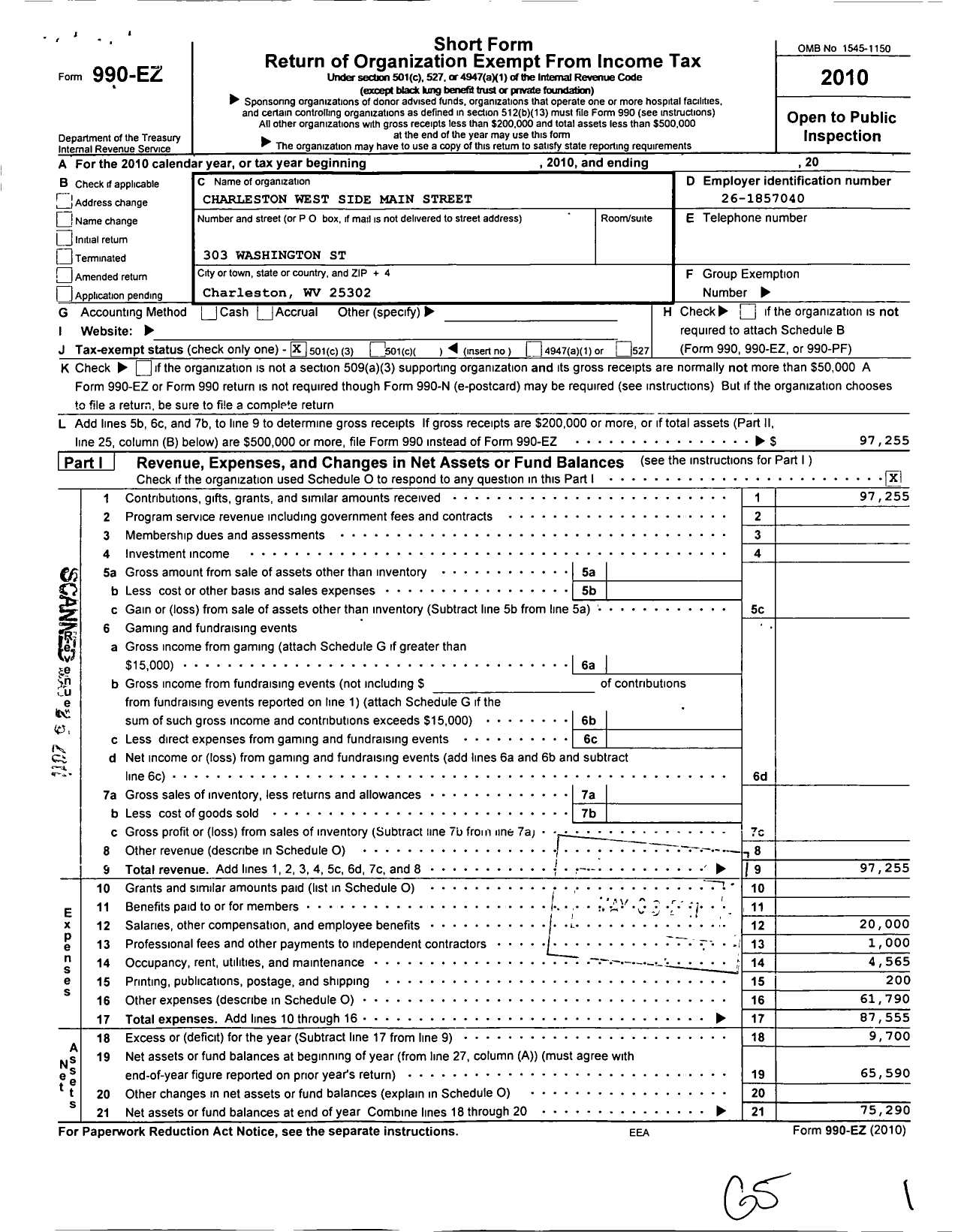 Image of first page of 2010 Form 990EZ for Charleston West Side Main Street