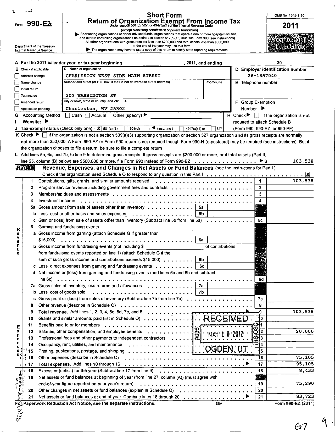 Image of first page of 2011 Form 990EZ for Charleston West Side Main Street