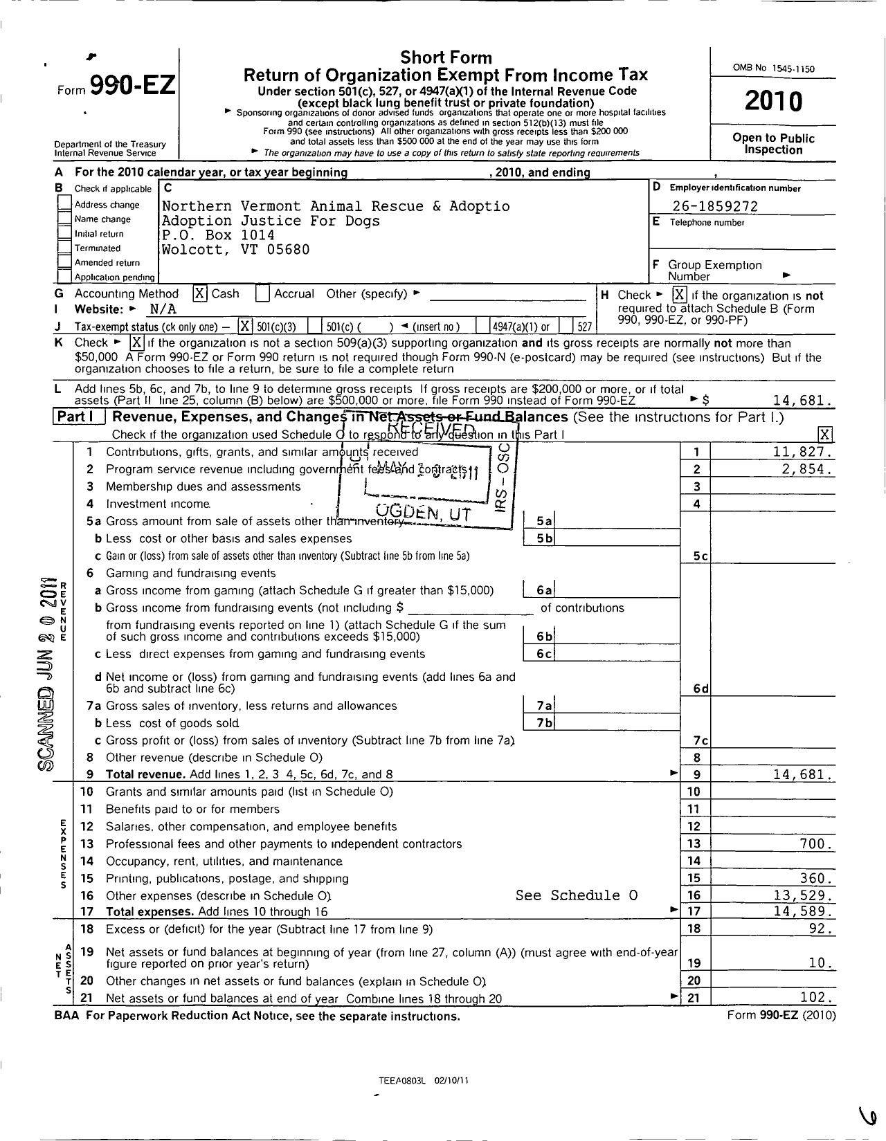 Image of first page of 2010 Form 990EZ for Northern Vermont Animal Rescue and Adoption