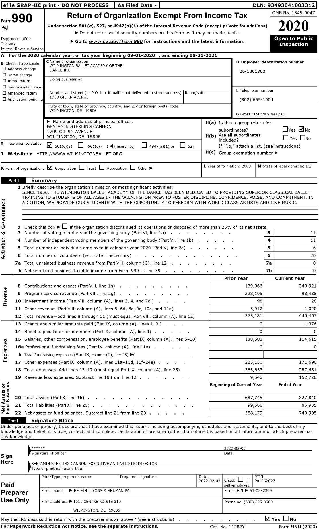 Image of first page of 2020 Form 990 for Wilmington Ballet Academy of the Dance