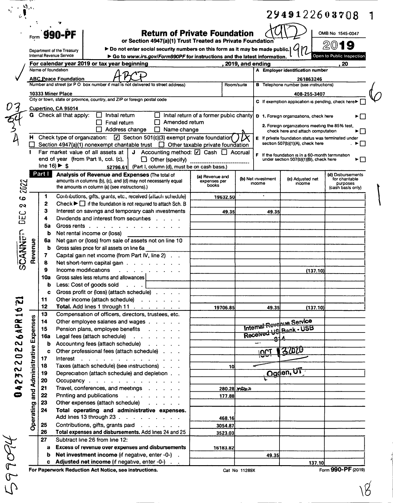 Image of first page of 2019 Form 990PF for Abc Peace Foundation