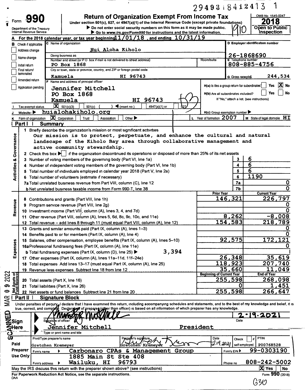 Image of first page of 2018 Form 990 for Hui Aloha Kiholo