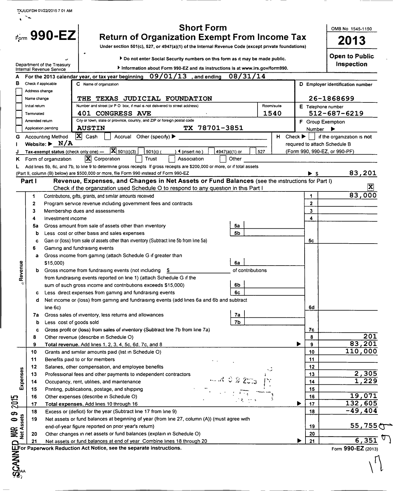 Image of first page of 2013 Form 990EZ for Texas Judicial Foundation