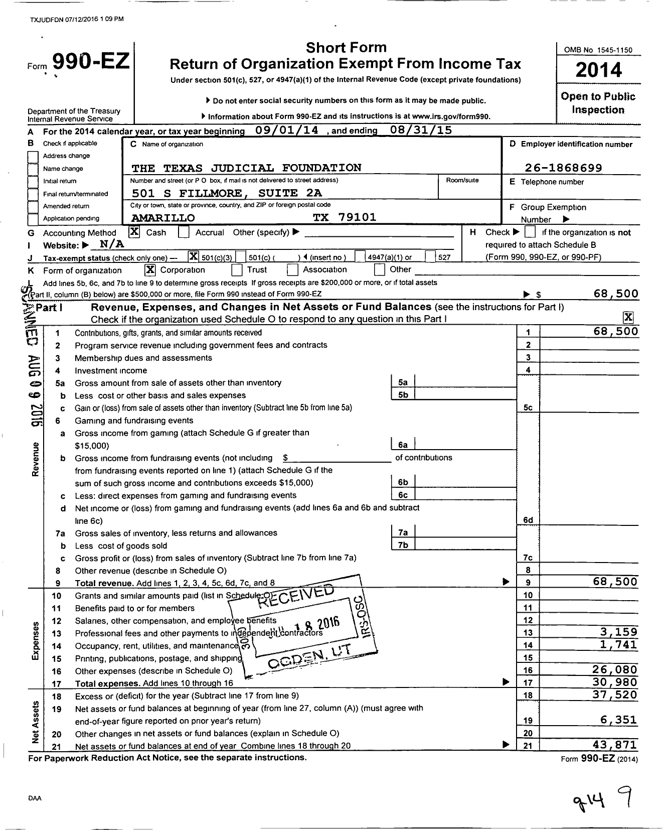 Image of first page of 2014 Form 990EZ for Texas Judicial Foundation