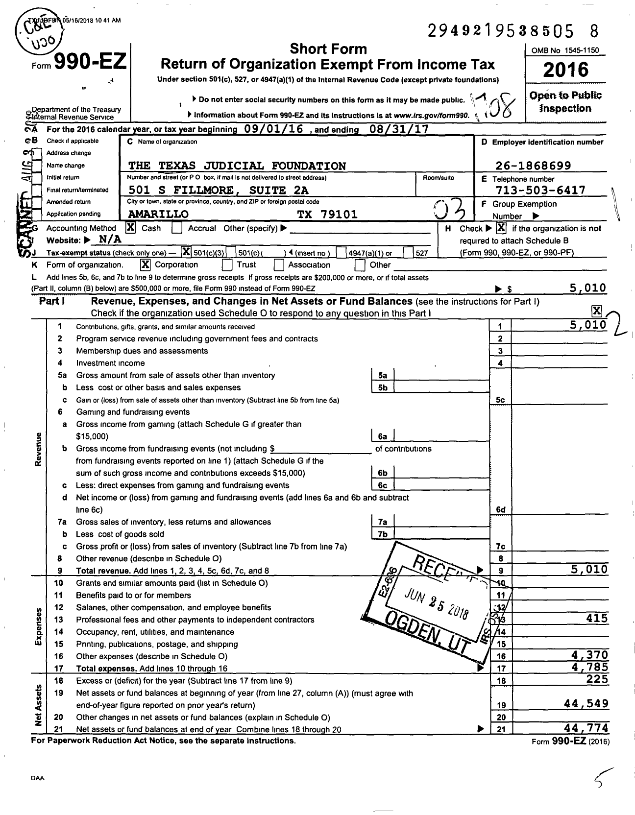 Image of first page of 2016 Form 990EZ for Texas Judicial Foundation