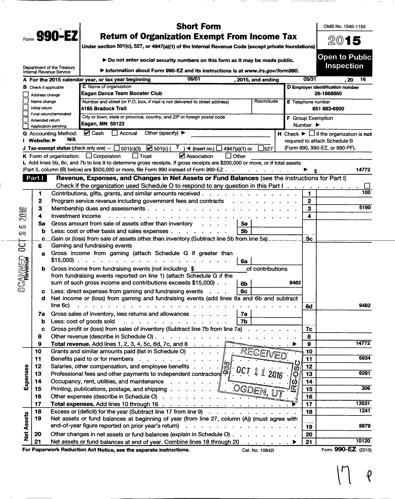 Image of first page of 2015 Form 990EO for Eagan Dance Team Booster Club