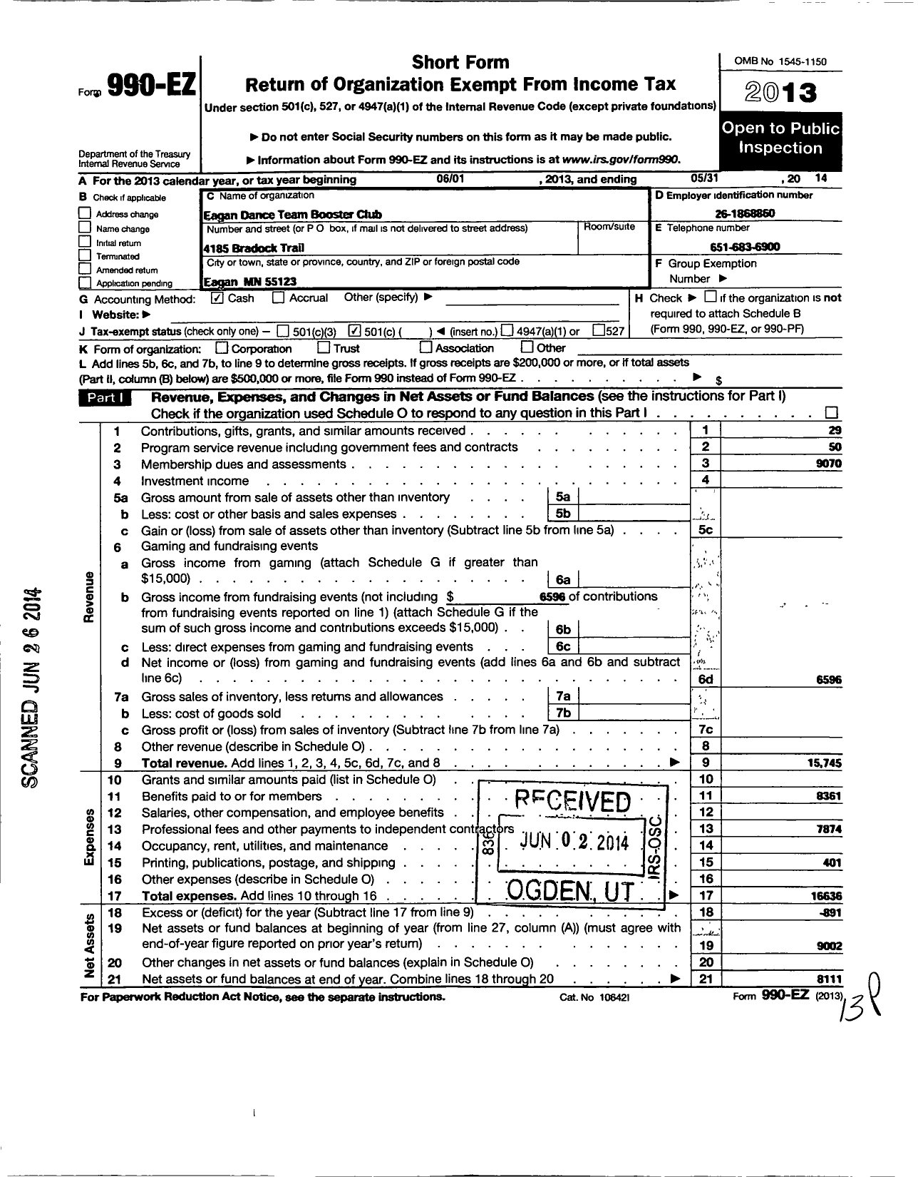 Image of first page of 2013 Form 990EO for Eagan Dance Team Booster Club