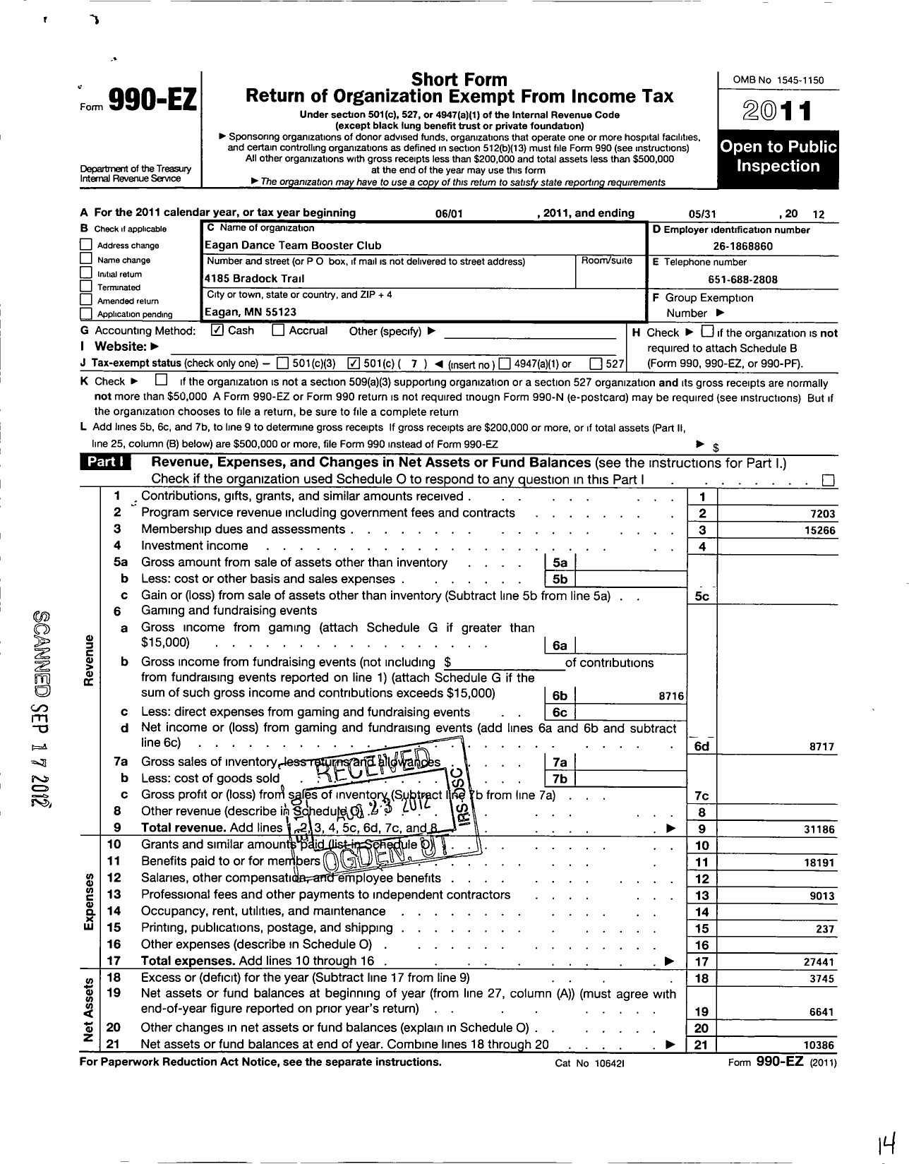 Image of first page of 2011 Form 990EO for Eagan Dance Team Booster Club