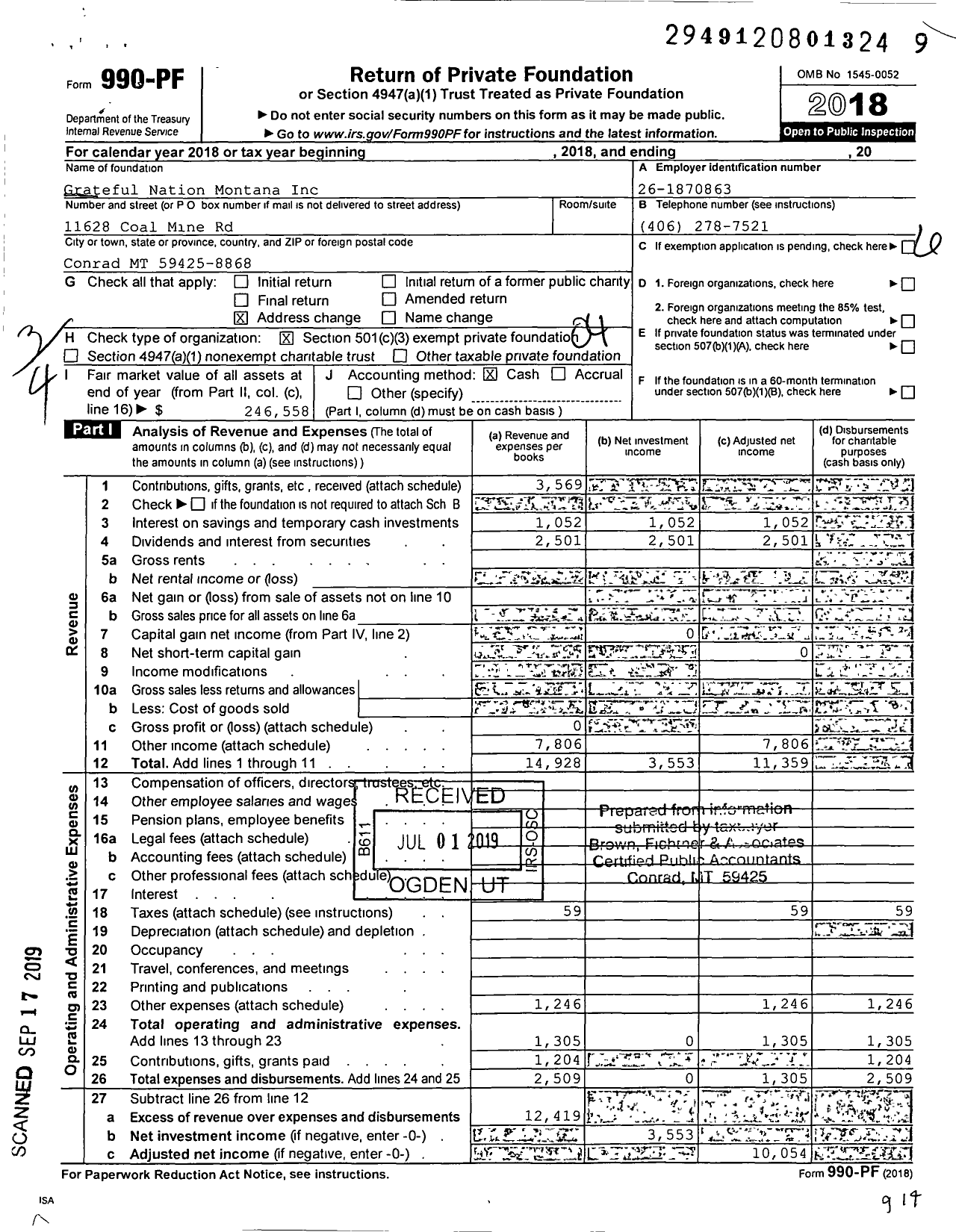 Image of first page of 2018 Form 990PF for Grateful Nation Montana