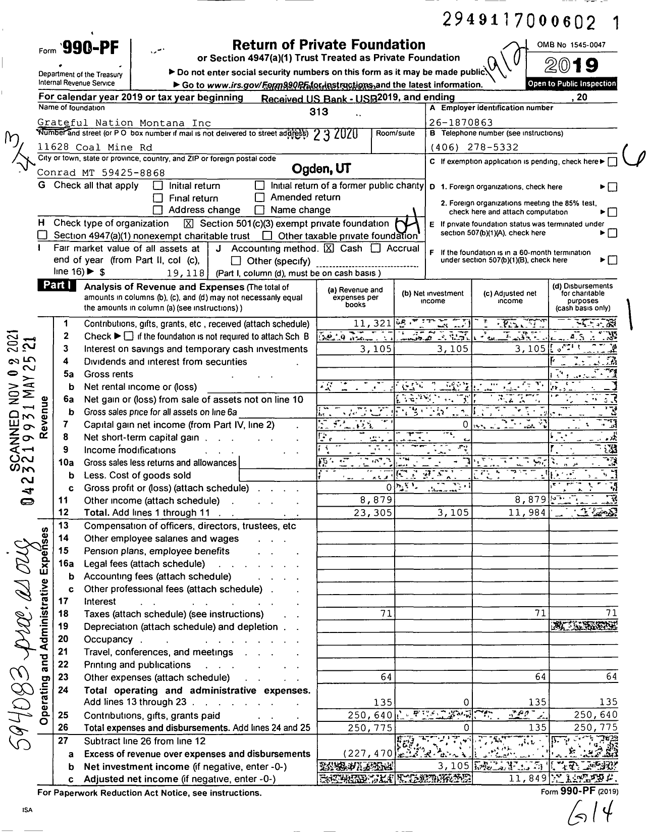 Image of first page of 2019 Form 990PF for Grateful Nation Montana