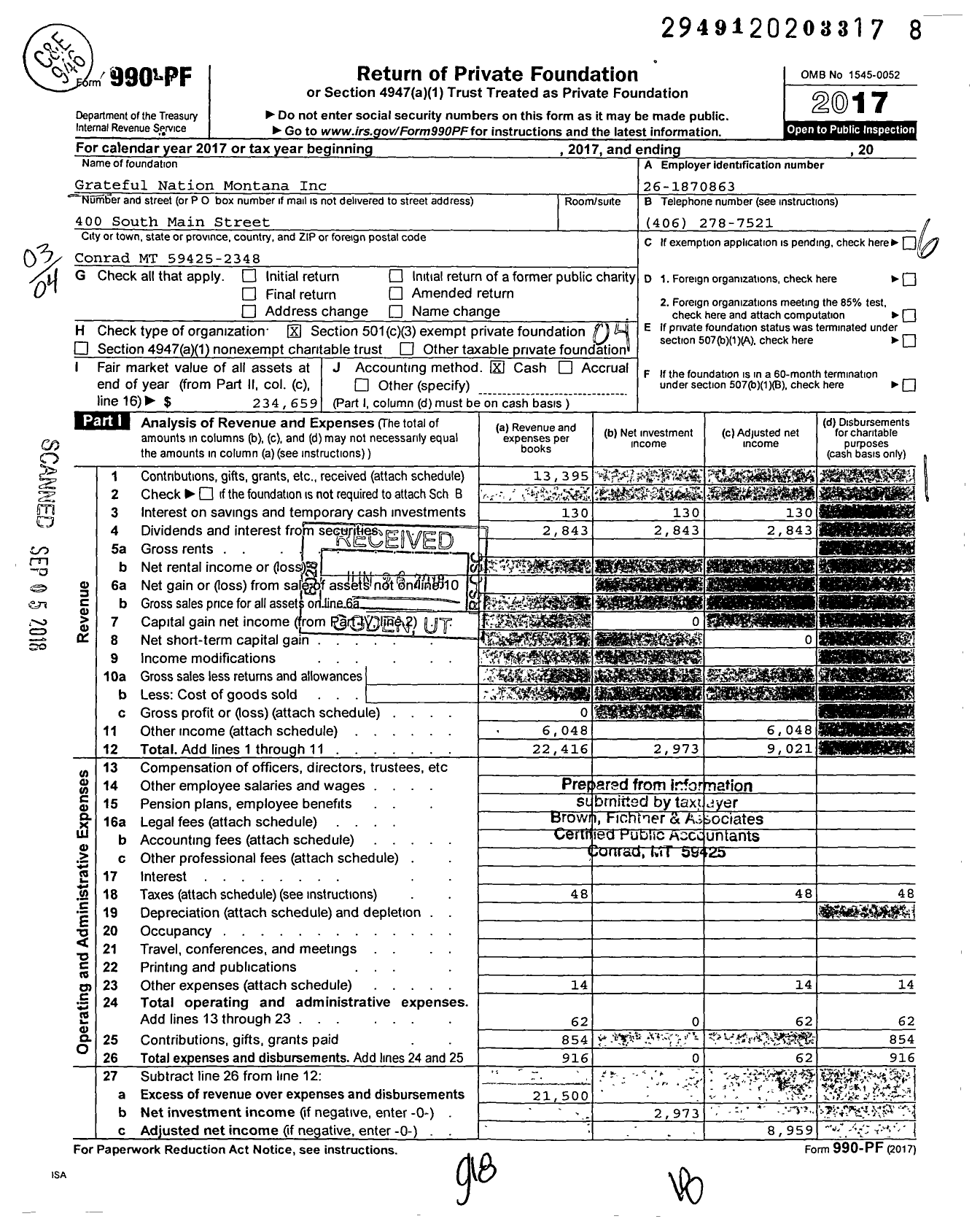 Image of first page of 2017 Form 990PF for Grateful Nation Montana