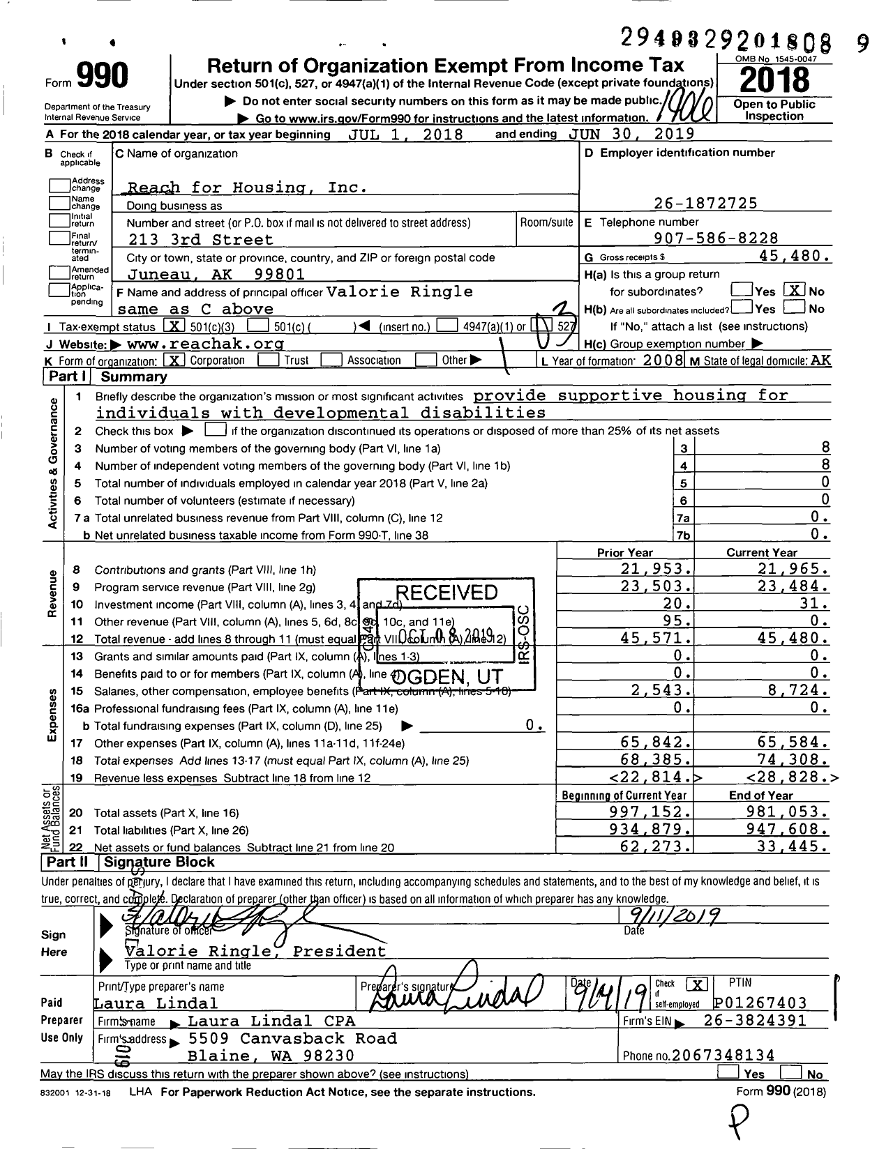 Image of first page of 2018 Form 990 for Reach for Housing