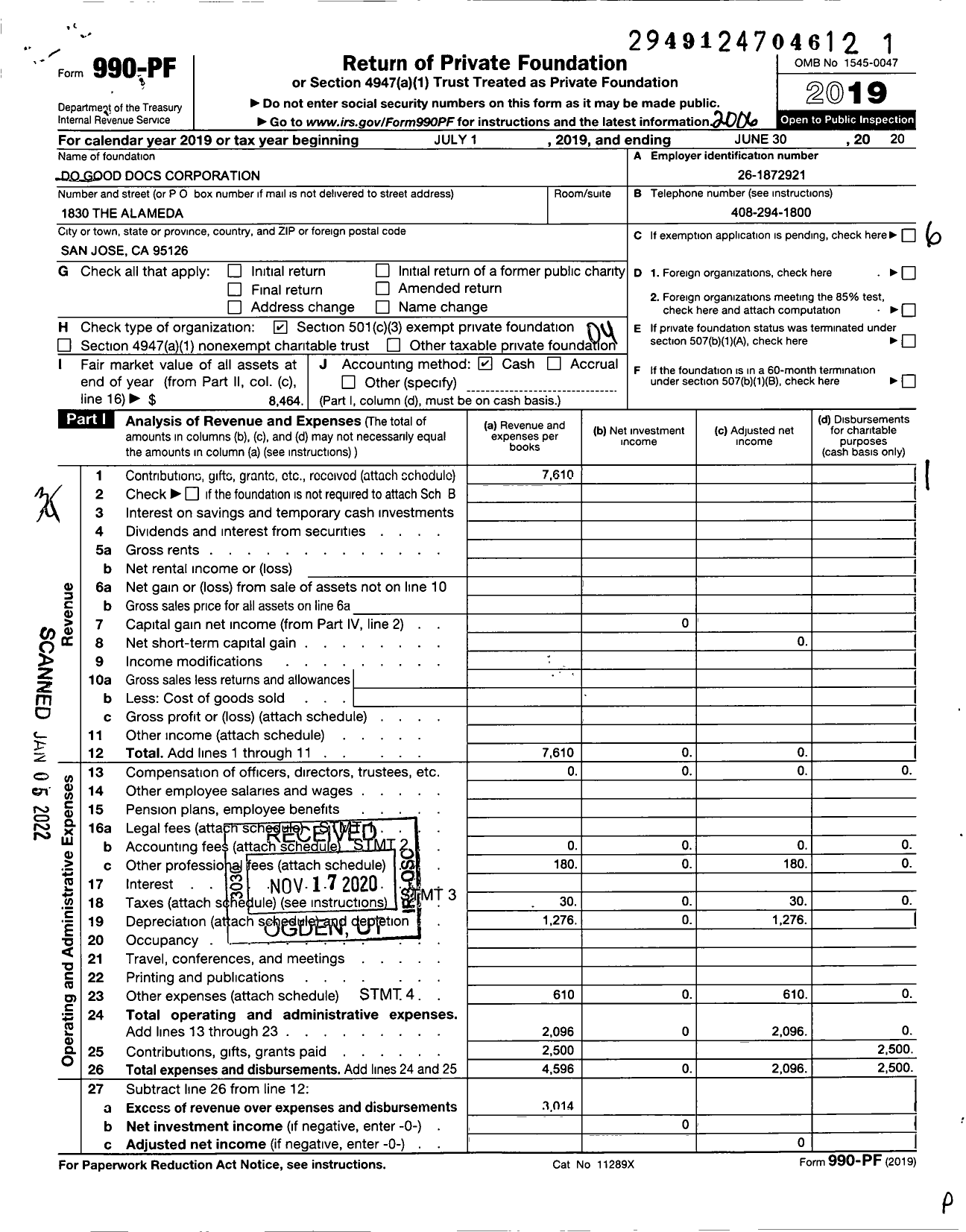 Image of first page of 2019 Form 990PF for Do Good Docs Corporation