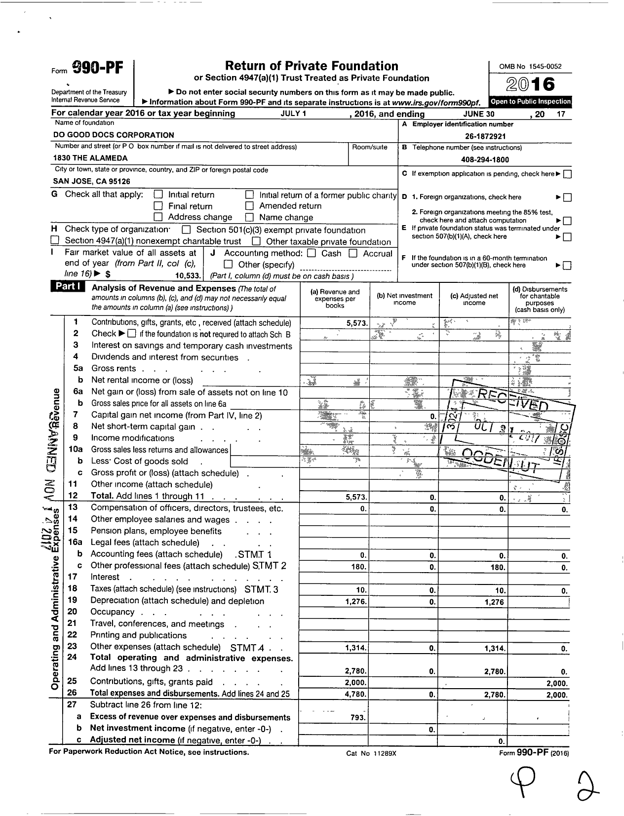 Image of first page of 2016 Form 990PF for Do Good Docs Corporation