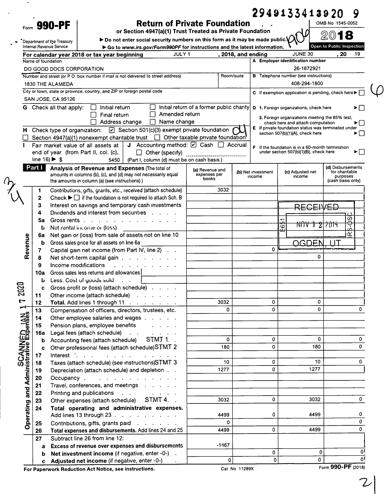 Image of first page of 2018 Form 990PF for Do Good Docs Corporation
