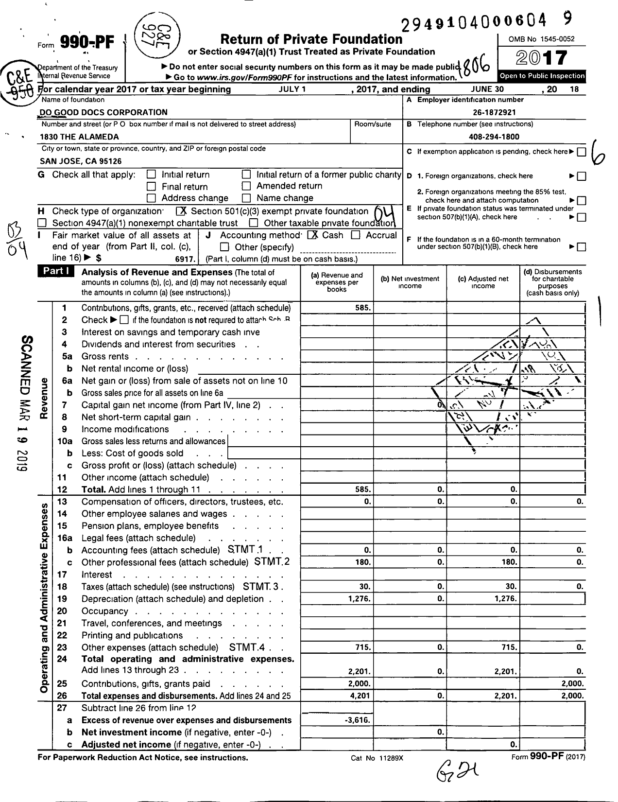 Image of first page of 2017 Form 990PF for Do Good Docs Corporation