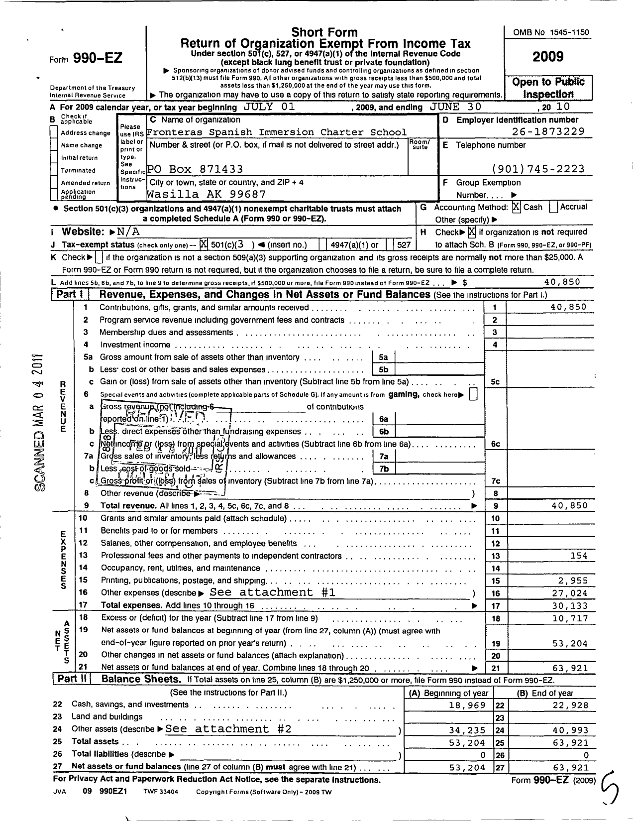 Image of first page of 2009 Form 990EZ for Fronteras Spanish Immersion Charter School