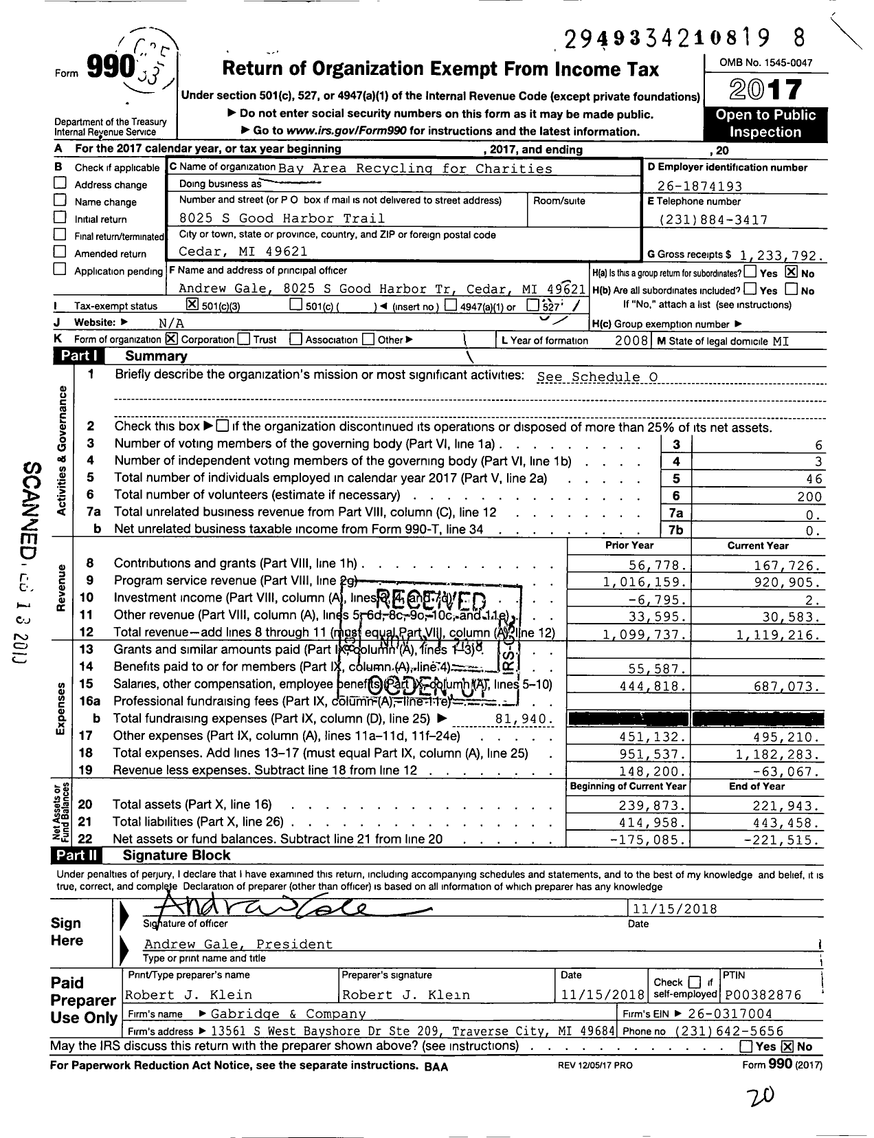 Image of first page of 2017 Form 990 for Bay Area Recycling for Charities