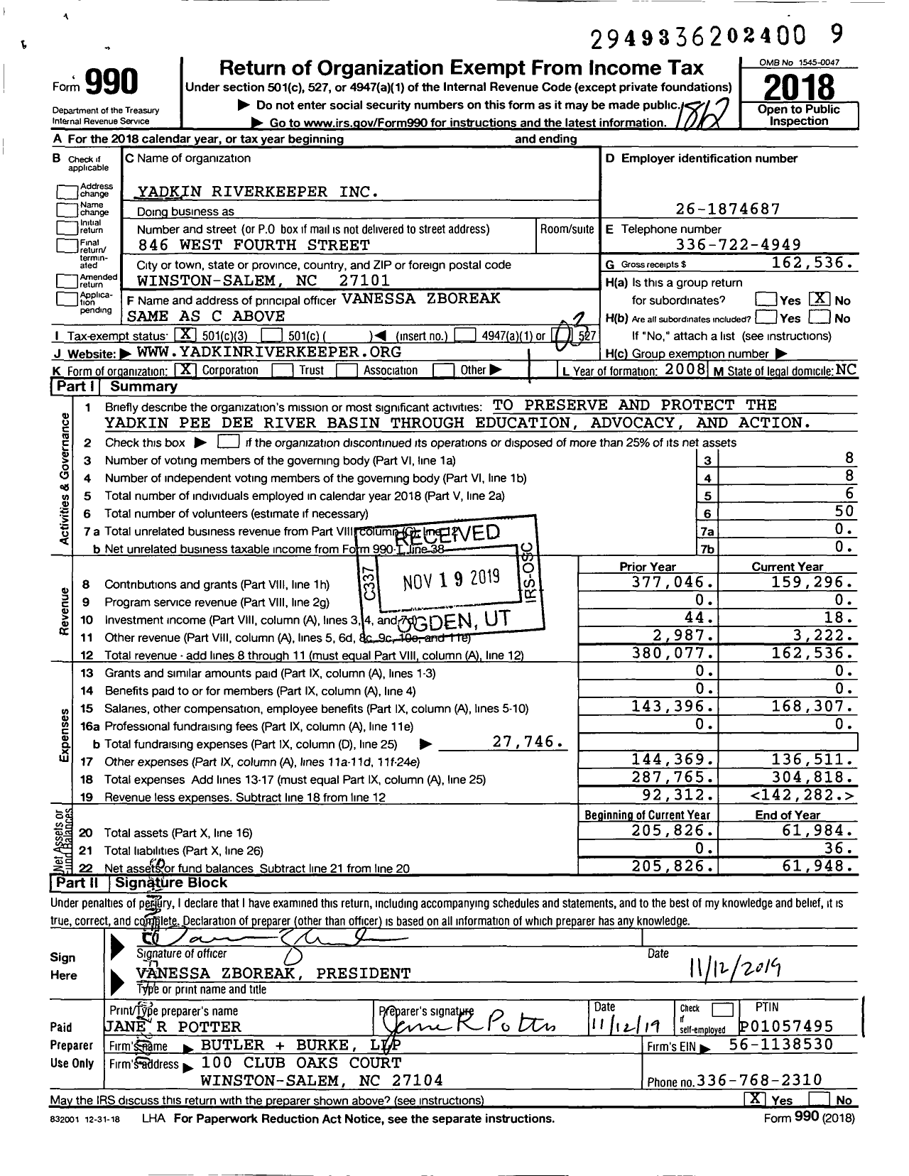 Image of first page of 2018 Form 990 for Yadkin Riverkeeper