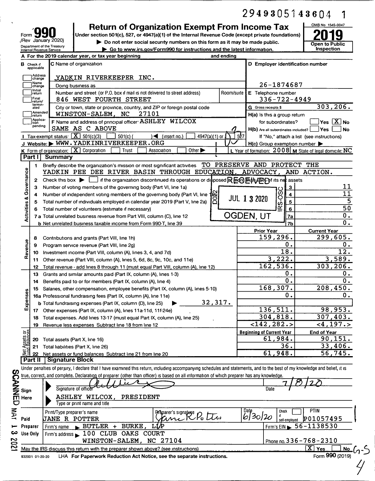 Image of first page of 2019 Form 990 for Yadkin Riverkeeper