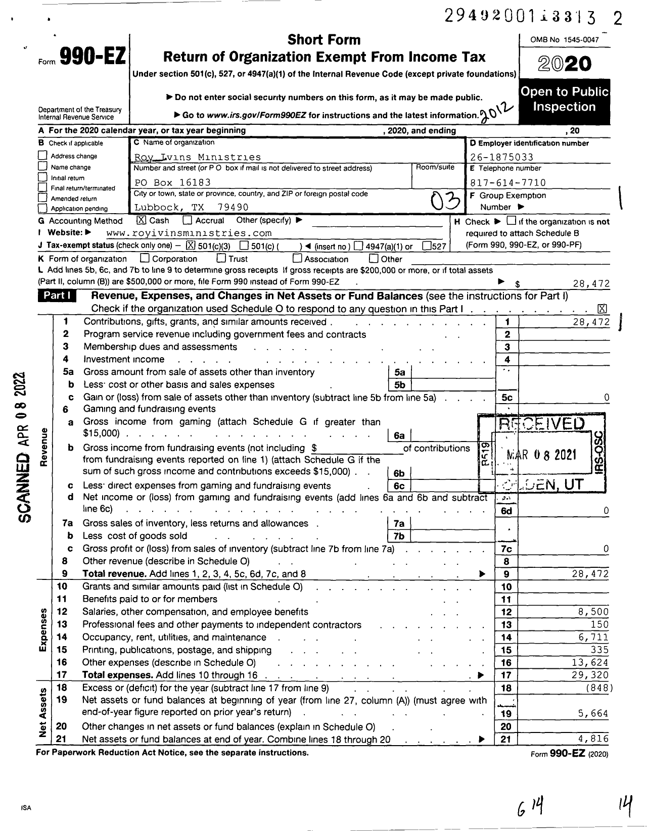 Image of first page of 2020 Form 990EZ for Roy Ivins Ministries