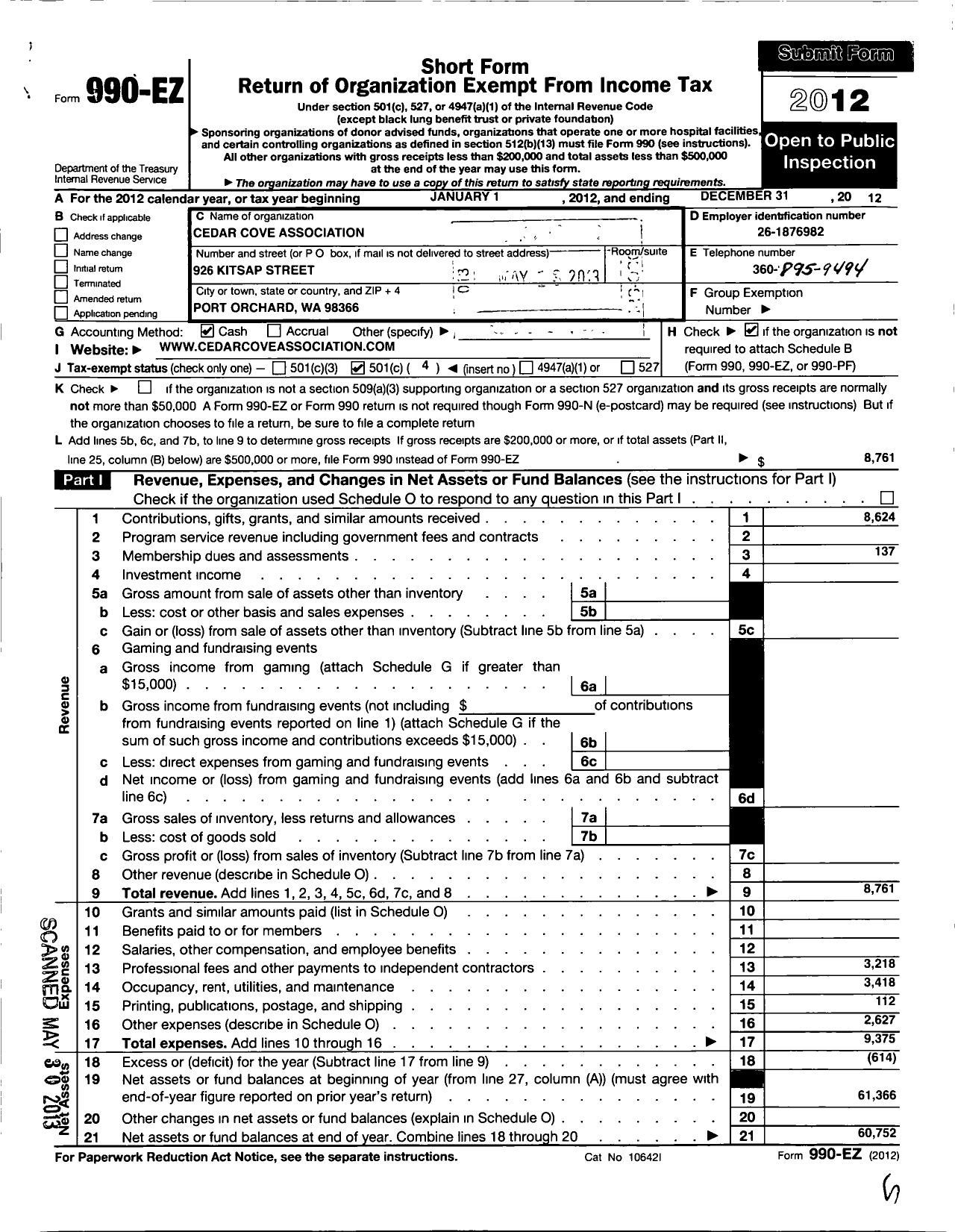 Image of first page of 2012 Form 990EO for Cedar Cove Association