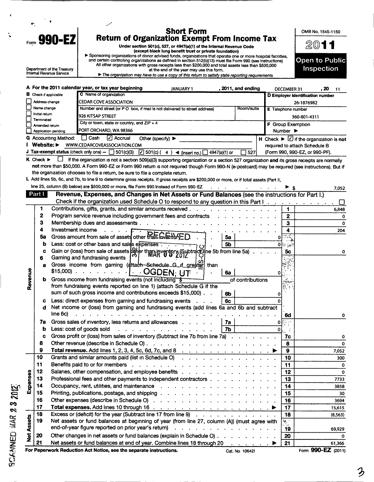 Image of first page of 2011 Form 990EO for Cedar Cove Association