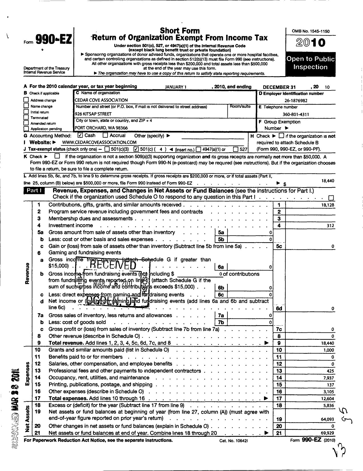 Image of first page of 2010 Form 990EO for Cedar Cove Association