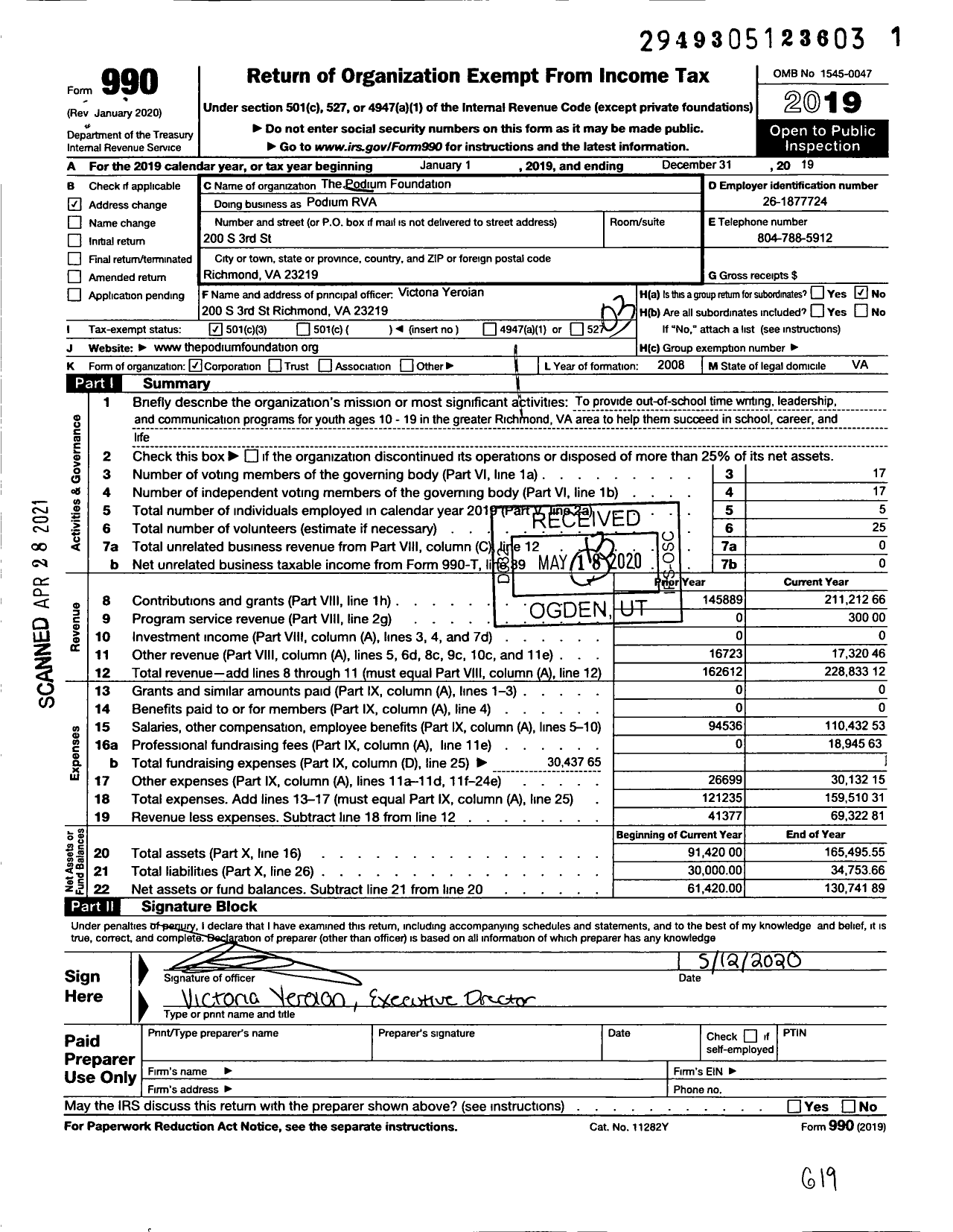 Image of first page of 2019 Form 990 for Podium RVA
