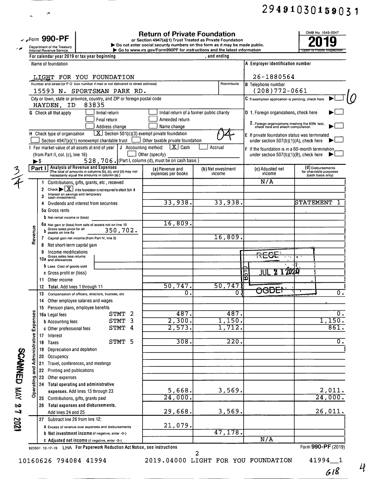 Image of first page of 2019 Form 990PF for Light for You Foundation