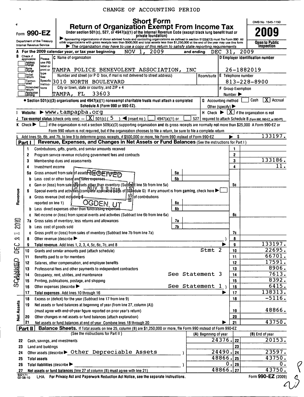 Image of first page of 2009 Form 990EO for Tampa Police Benevolent Association