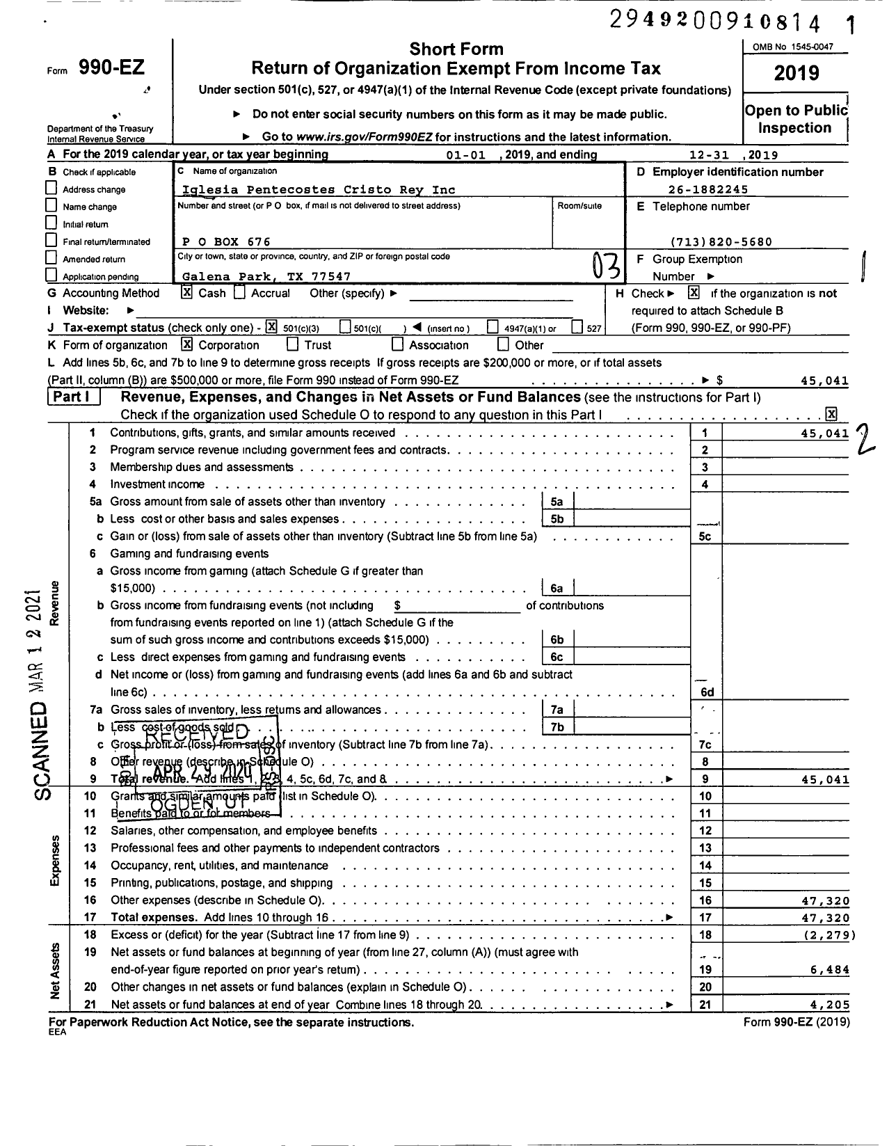 Image of first page of 2019 Form 990EZ for Iglesia Pentecostes Crsito Rey