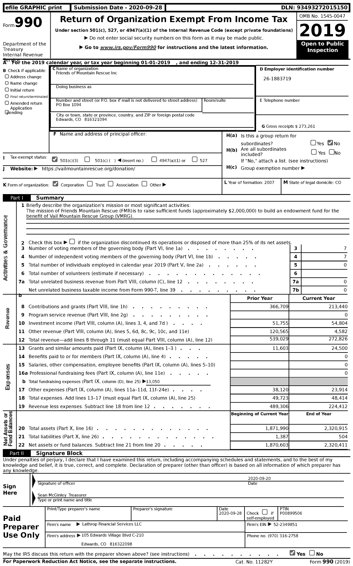 Image of first page of 2019 Form 990 for Friends of Mountain Rescue