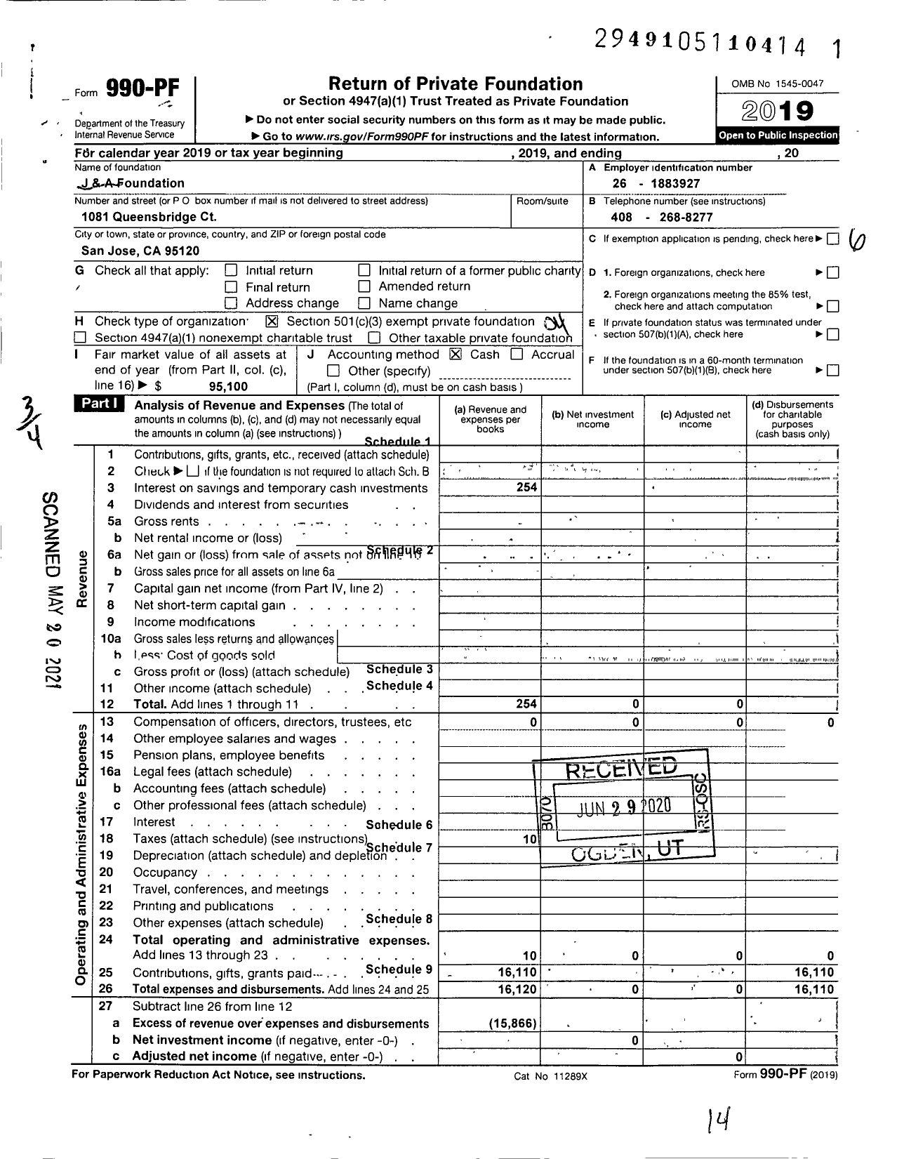 Image of first page of 2019 Form 990PF for J&a Foundation