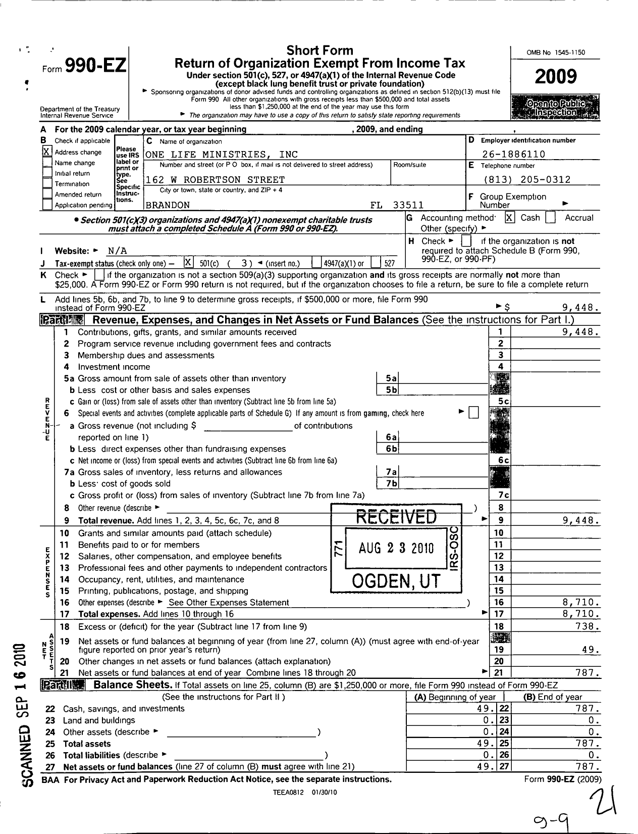 Image of first page of 2009 Form 990EZ for One Life Ministries