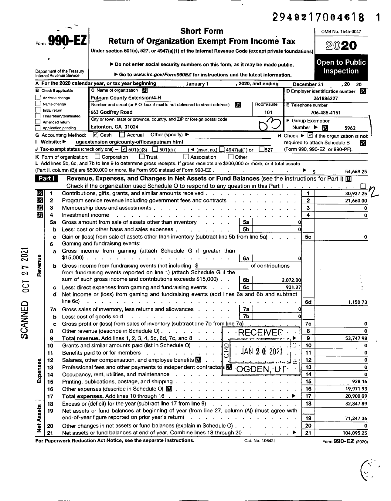 Image of first page of 2020 Form 990EZ for GEORGIA EXTENSION 4-H FOUNDATION Putnam County EXTENSION 4-H