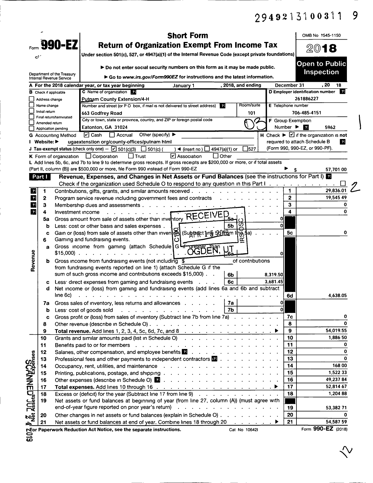 Image of first page of 2018 Form 990EZ for GEORGIA EXTENSION 4-H FOUNDATION Putnam County EXTENSION 4-H