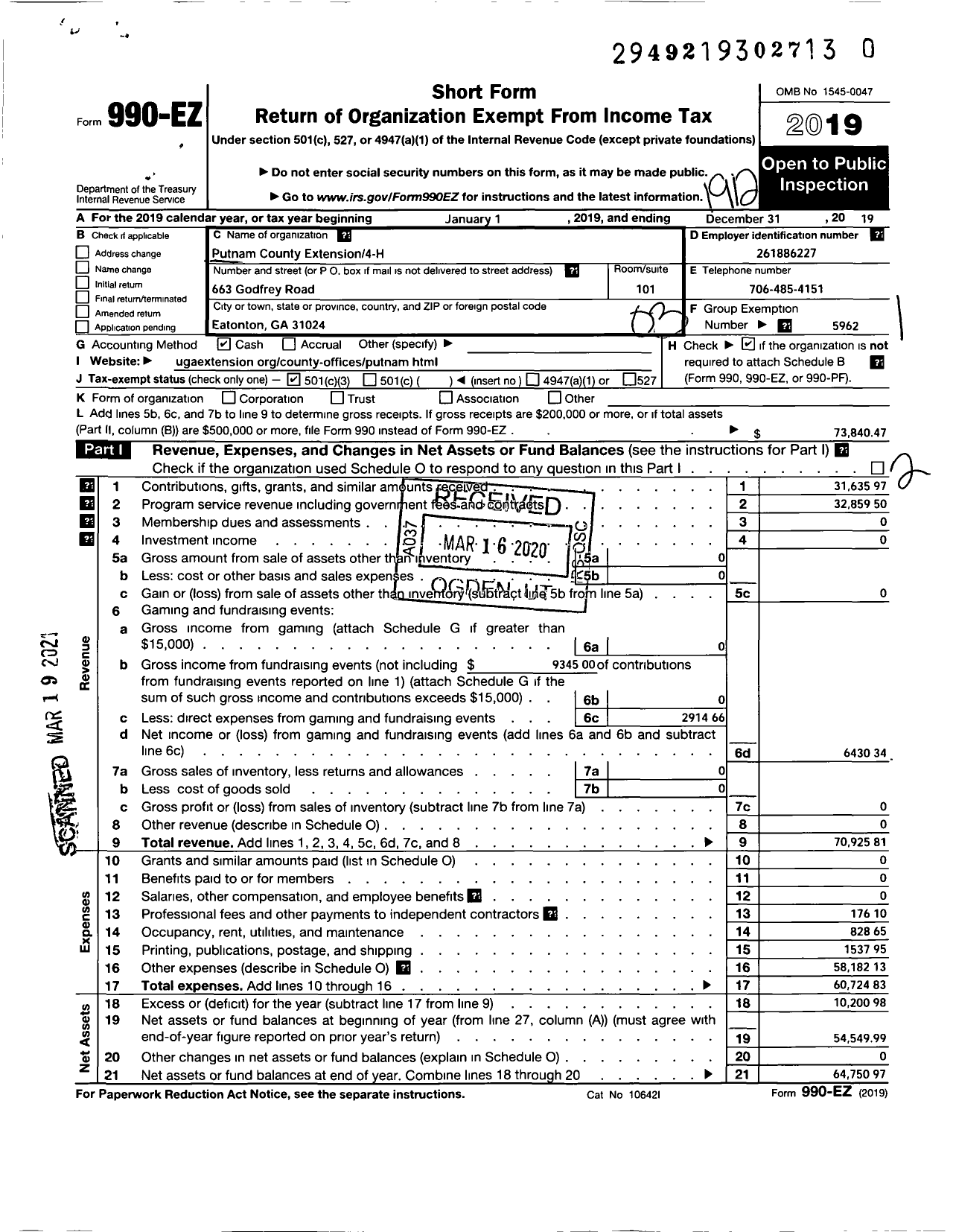 Image of first page of 2019 Form 990EZ for GEORGIA EXTENSION 4-H FOUNDATION Putnam County EXTENSION 4-H