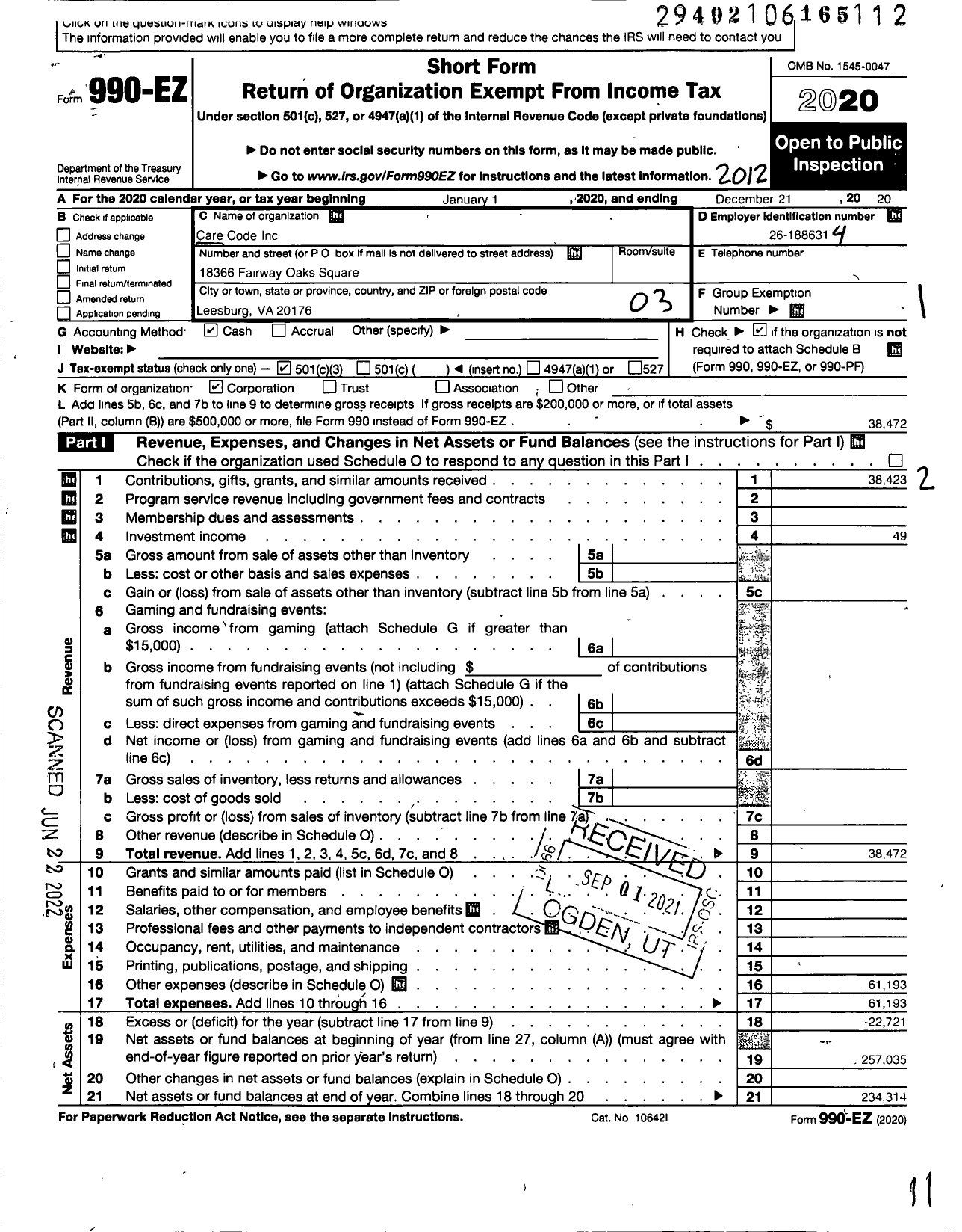 Image of first page of 2020 Form 990EZ for Care Code Care Code