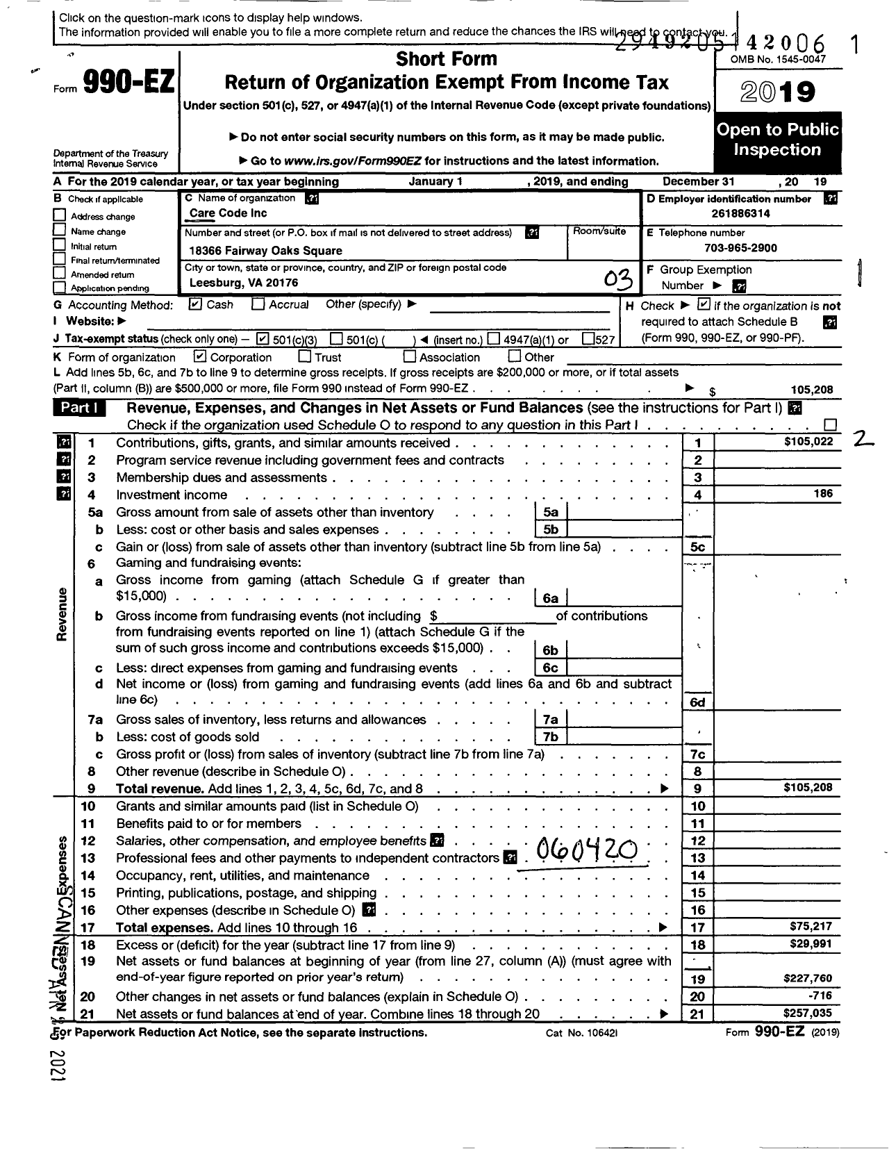 Image of first page of 2019 Form 990EZ for Care Code Care Code