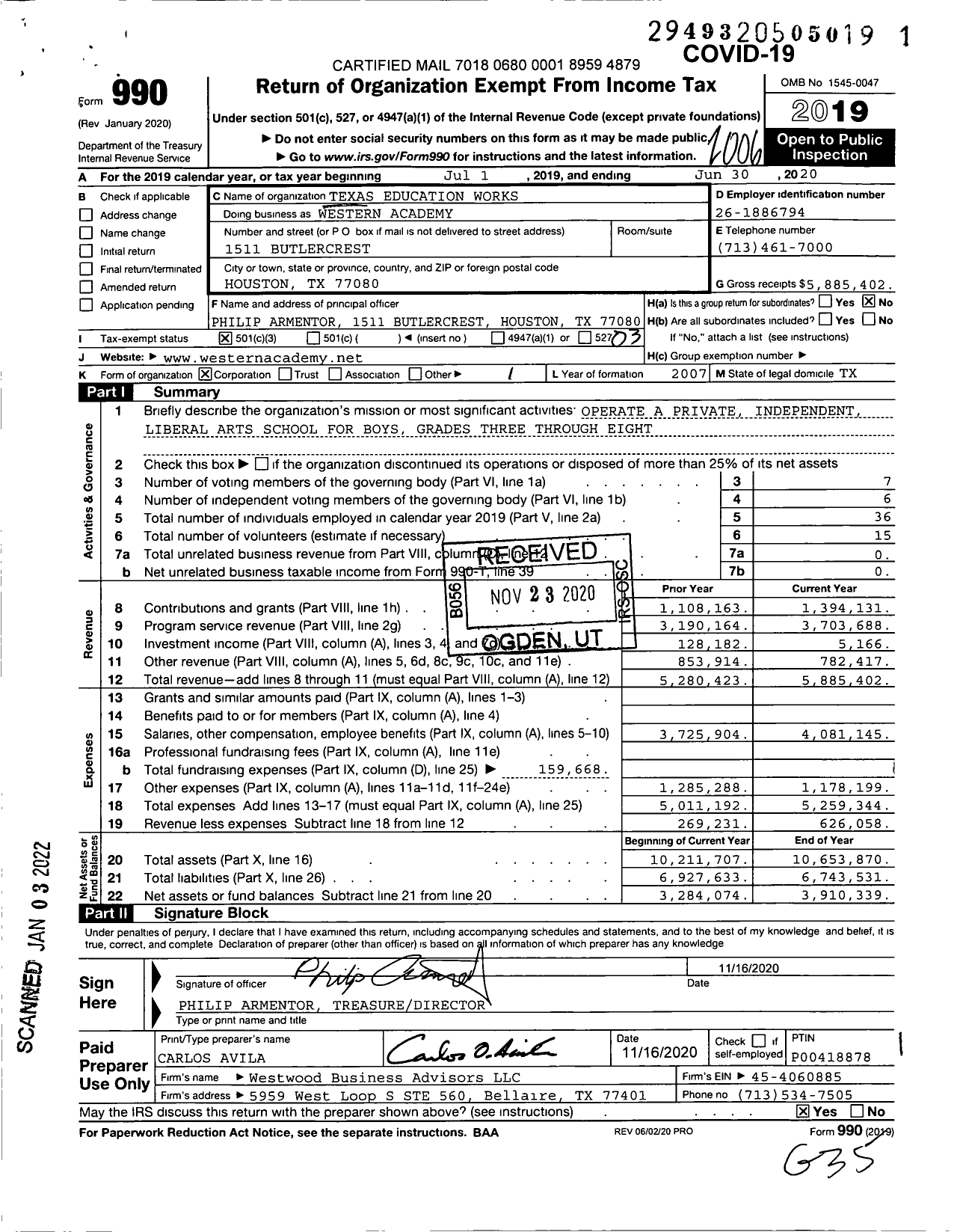 Image of first page of 2019 Form 990 for Texas Education Works Western Academy