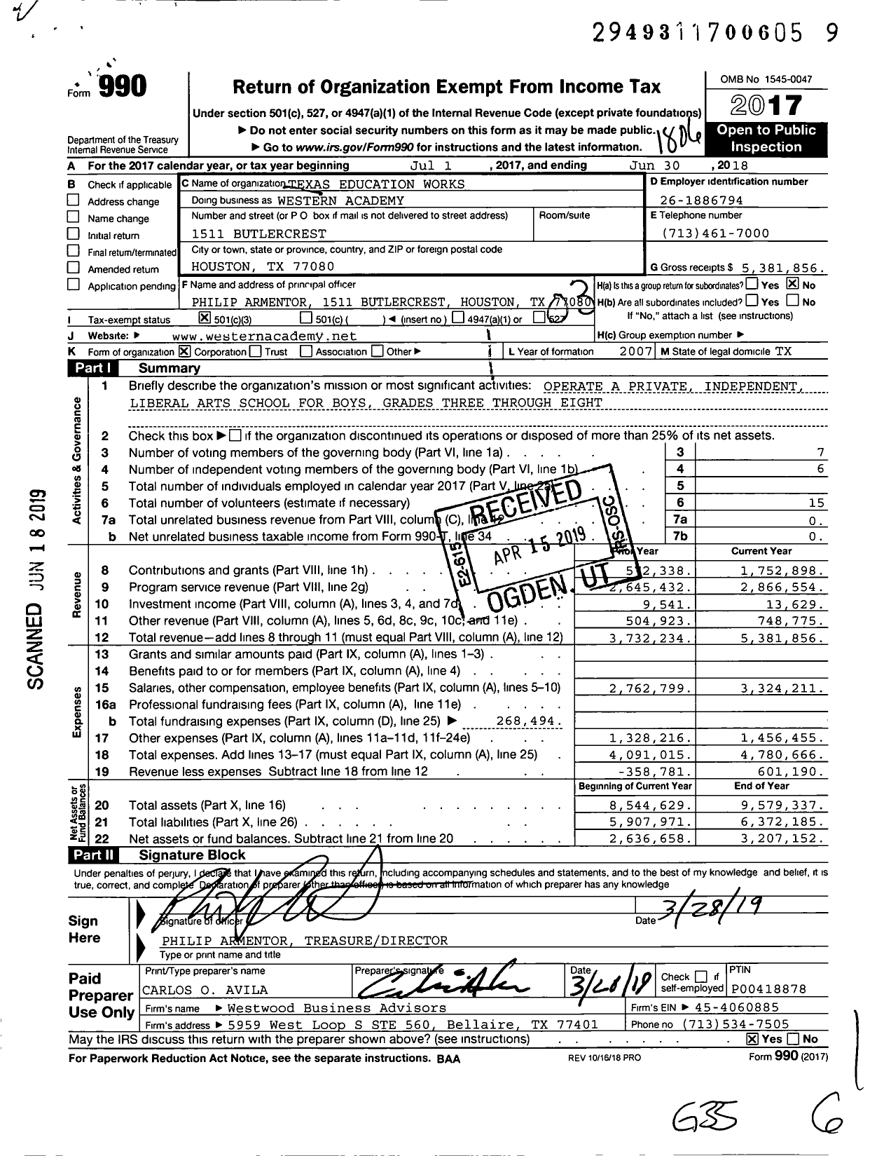 Image of first page of 2017 Form 990 for Texas Education Works Western Academy