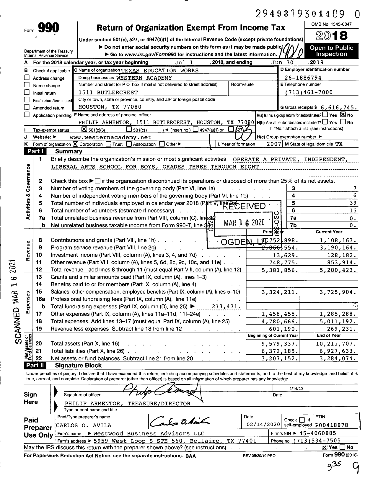 Image of first page of 2018 Form 990 for Texas Education Works Western Academy