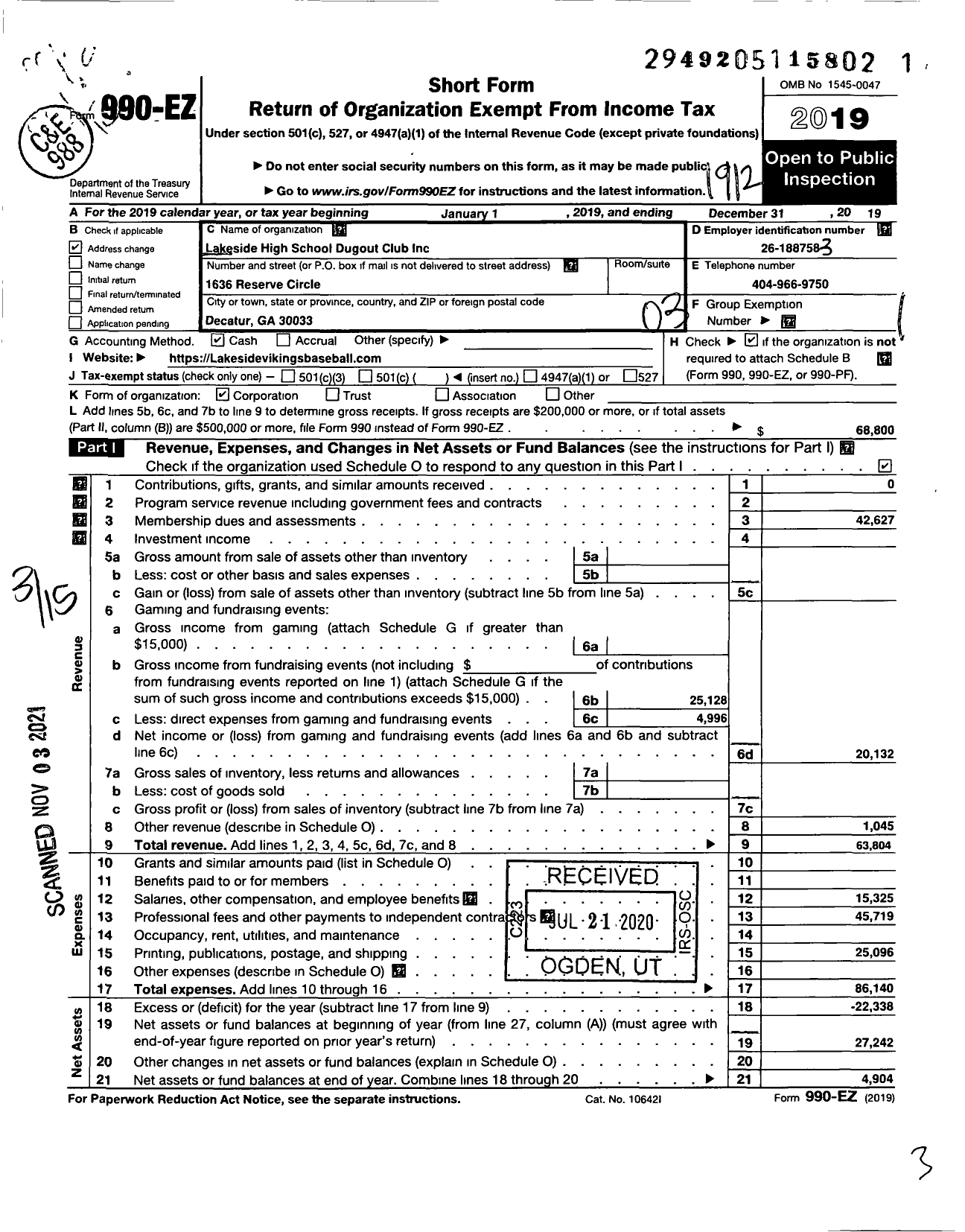 Image of first page of 2019 Form 990EZ for Lakeside High School Dugout Club