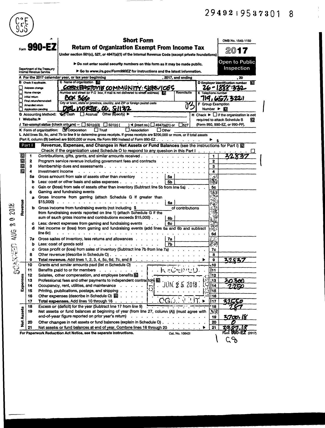 Image of first page of 2017 Form 990EZ for Cornerstone Community Services