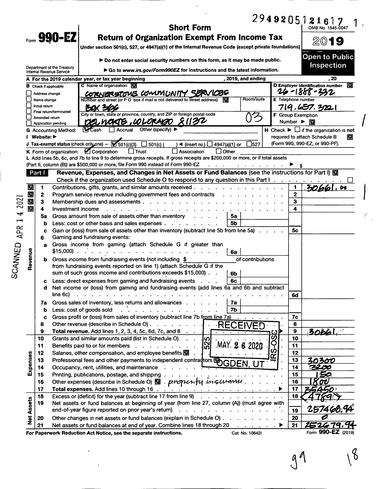 Image of first page of 2019 Form 990EZ for Cornerstone Community Services