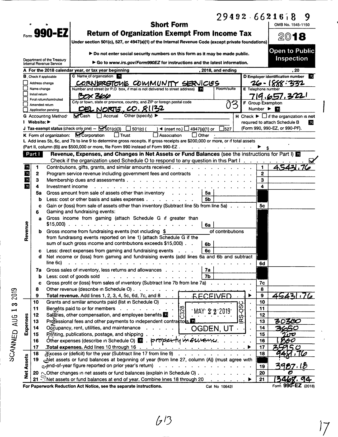 Image of first page of 2018 Form 990EZ for Cornerstone Community Services