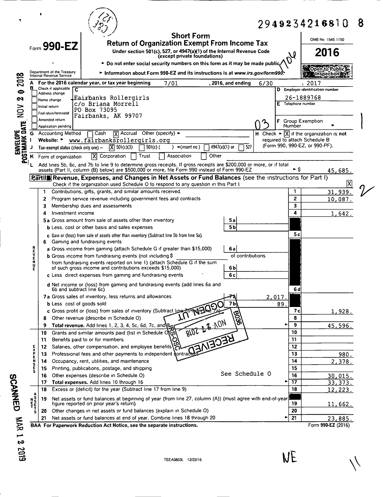 Image of first page of 2016 Form 990EZ for Fairbanks Rollergirls Derby