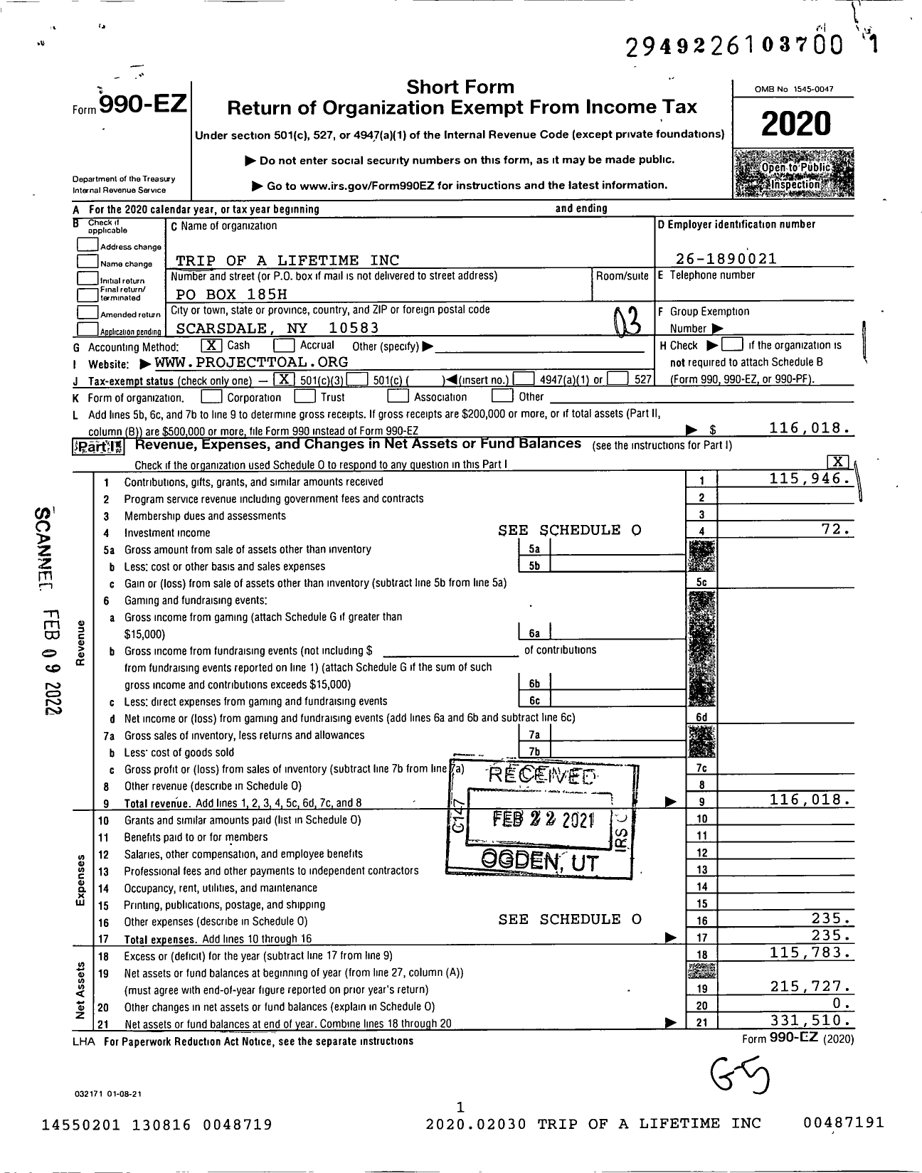 Image of first page of 2020 Form 990EZ for Trip of A Lifetime