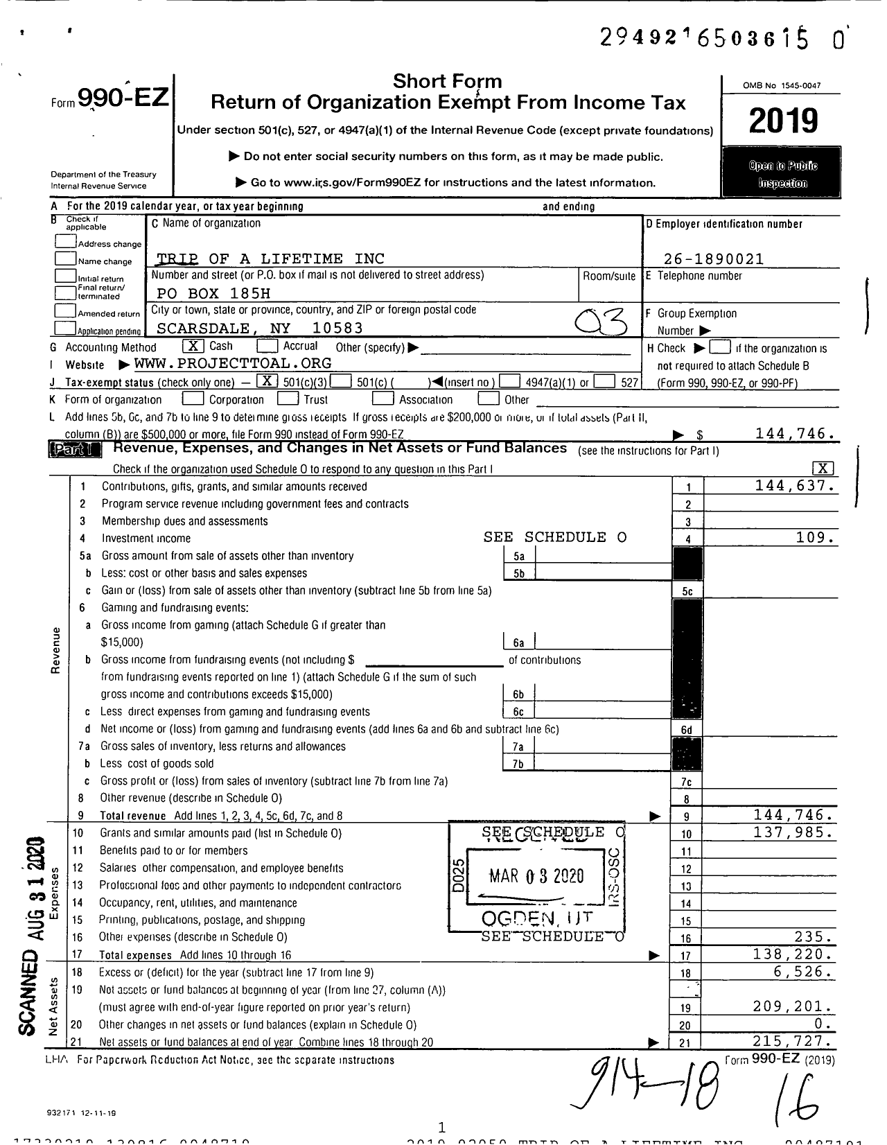 Image of first page of 2019 Form 990EZ for Trip of A Lifetime